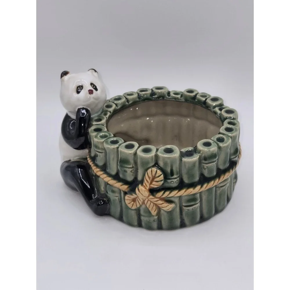 Vintage Panda‎ Bamboo Planter Ceramic Cachepot Jungle Animal Pot Holder